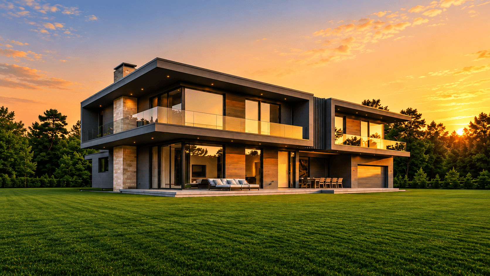 Contemporary luxury home and lawn at sunset
